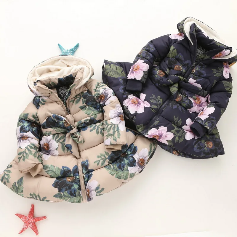 2019 New Girls Hooded Coat Kid Print Flower Winter Warm Thicken Christmas Girl School Cute Outerwear Toddler Princess Jacket | Детская