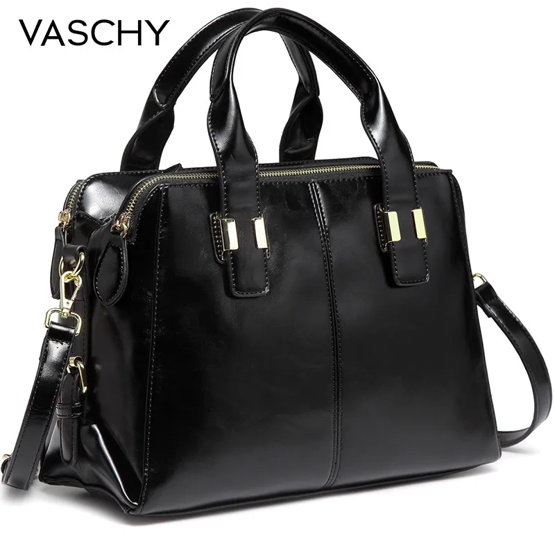 Black VASCHY Patent Leather Satchel Bag for Women Fashion Top Handle Handbag Work Tote Purse with Triple Compartments Briefcase - Цвет: Black