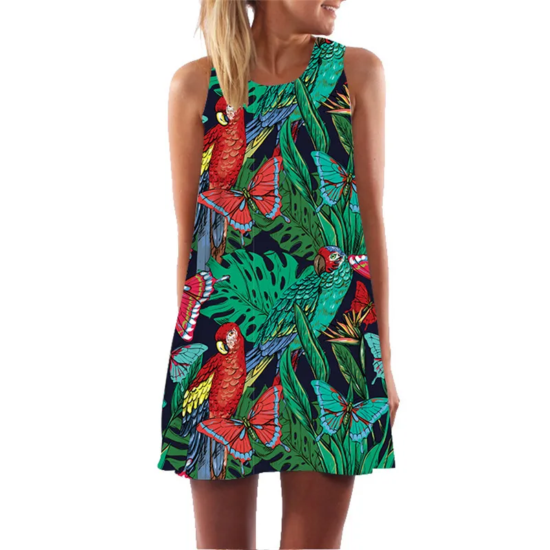 Эффектное женское летнее платье с попугаем 2019 размера плюс женские вечерние