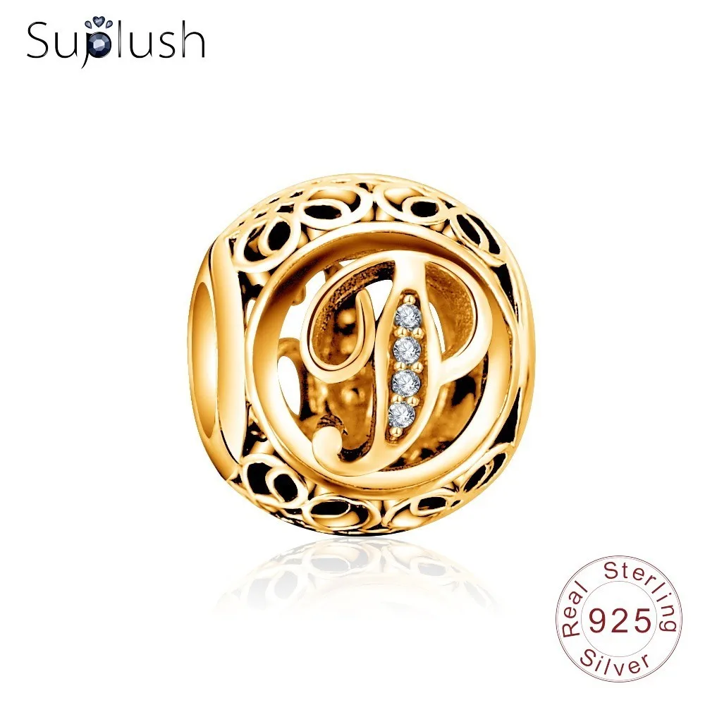 Suplush 925 пробы серебряные амулеты Алфавит A-Z золотые буквы амулет Бусины Подходят бренд амулет подарочные браслеты и ювелирные изделия