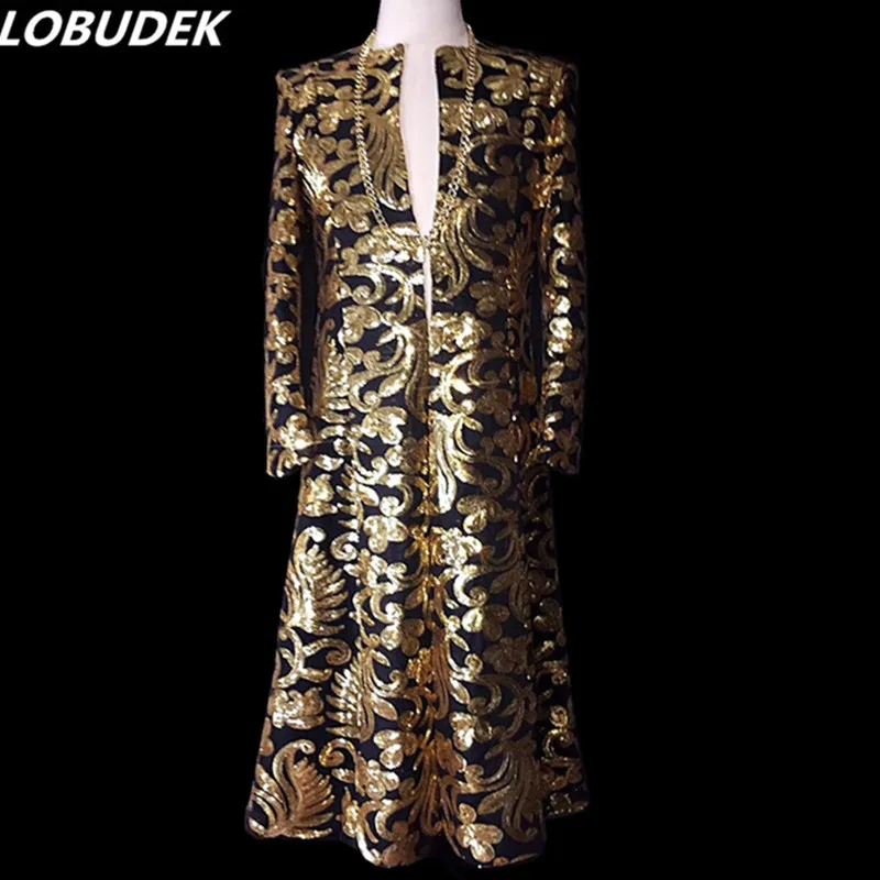 

Flash Gold Sequins Long Trench Coat Autumn Winter Men Fashion Slim Outerwear Nightclub Singer Concert Stage Outfit Host Costumes