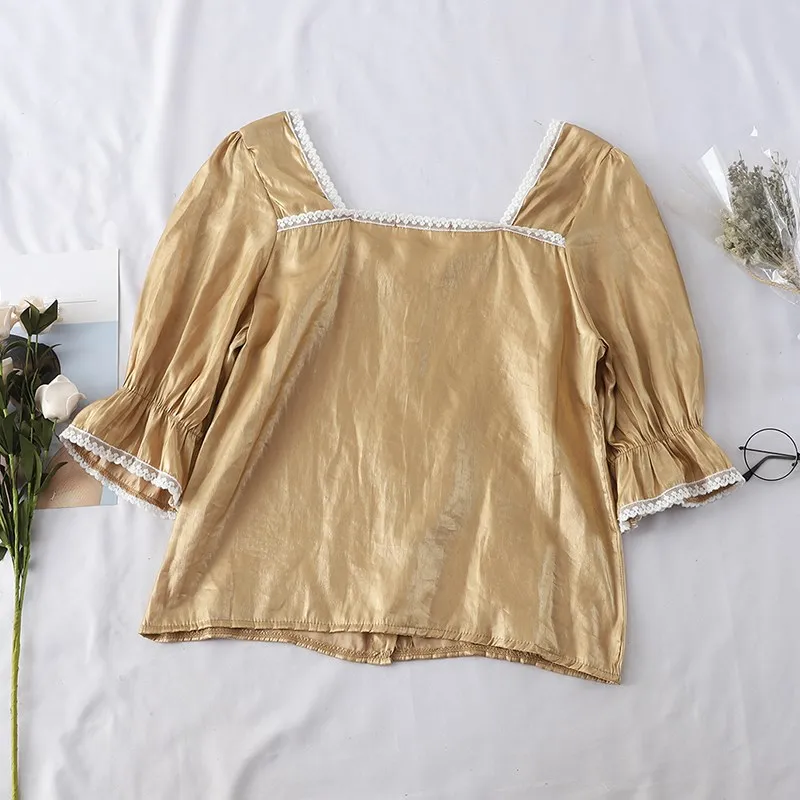 2019 Summer Fashion Streetwear Vintage Style Square Collar Metallic Satin Blouse Women Blusas Sweet Girls Shirt Tops |
