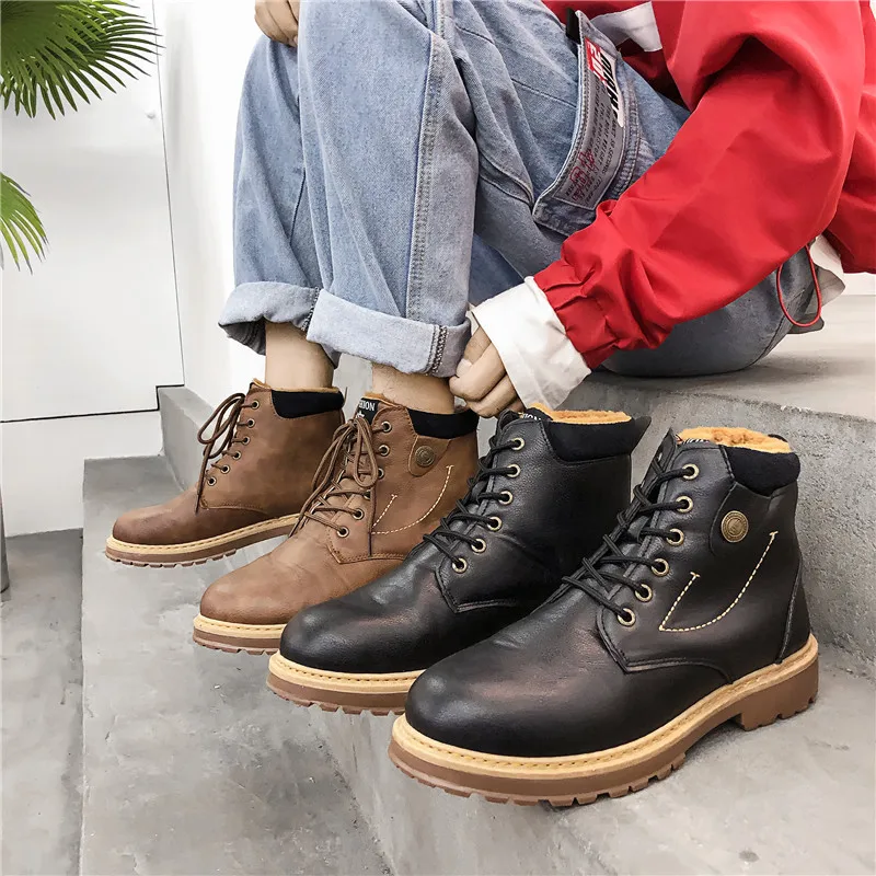Men British Platform High Top PU Leather Boots Winter Warm Plush Lining Lace-up Square Heel Round Toe Male Rubber Martin | Обувь
