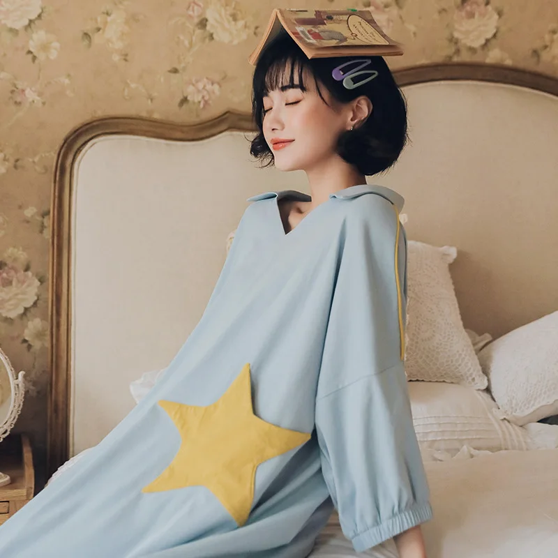 New Stars Nightgown Sleep Wear Blue Night Shirt Home Dress Blue Cotton Nightwear Women Plus Size Plain Nightdress Nighty