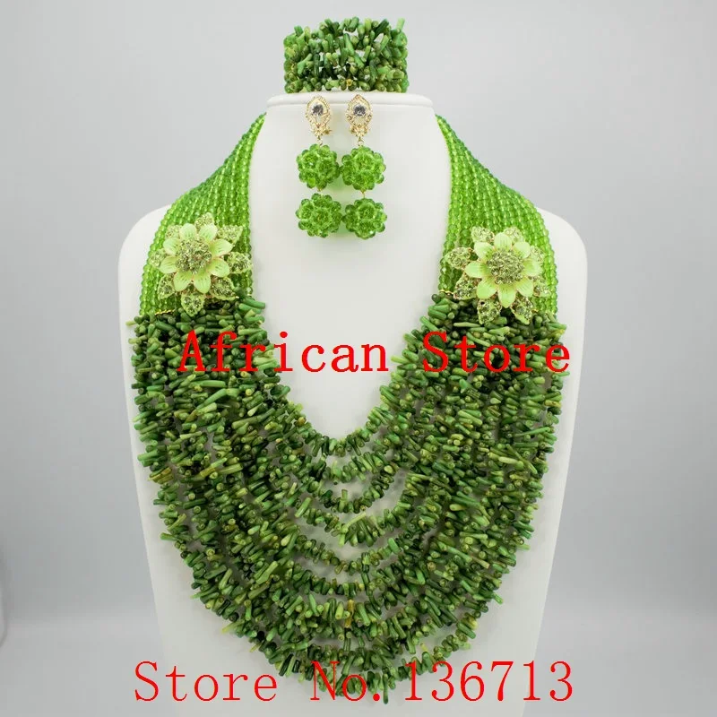 Зеленые Африканские коралловые бусы ювелирные наборы нигерийская свадьба