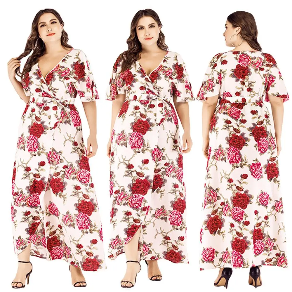 

Boho Floral Print Long Dress Women V Neck Maxi Party Beach Sundress Plus Size High Slit Short Sleeve Summer Dress With Belt New