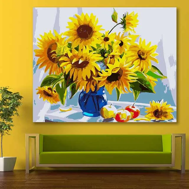 DIY картинки для раскраски по номерам с цветами подсолнух цветок натюрморт