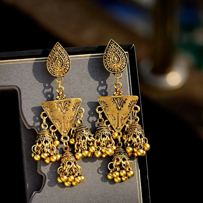 Винтажные треугольные турецкие серьги Jhumka женские золотистые колокольчики