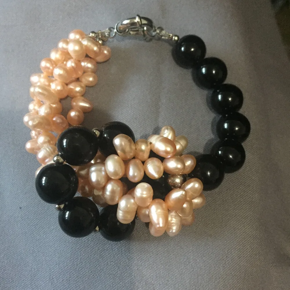 Розовый пресноводного жемчуга черный оникс камень бусина жесткий браслет 100%