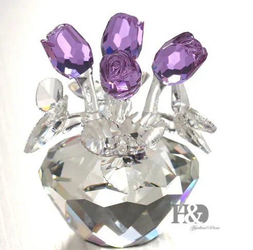 Purple H& D красная роза Статуэтка орнамент Весенний букет Хрустальные стеклянные цветы подарок-в коробке - Цвет: Purple