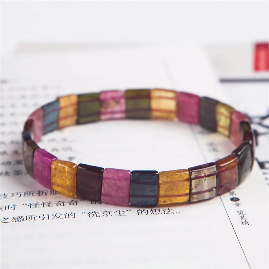 Genuine Natural Colorful Tourmaline Stone Crystal Rectangle Beads Fashion Stretch Bracelet 10*9*3mm |