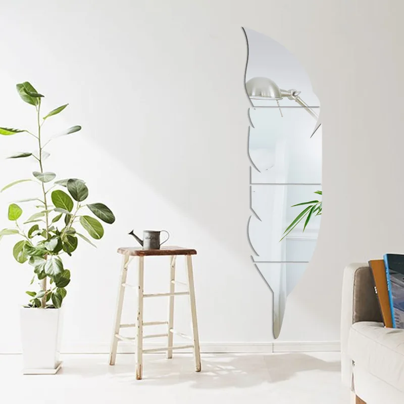 TANGHOME 3D DIY Искусства Перо Акриловые Зеркала Настенные Наклейки Золото Серебро