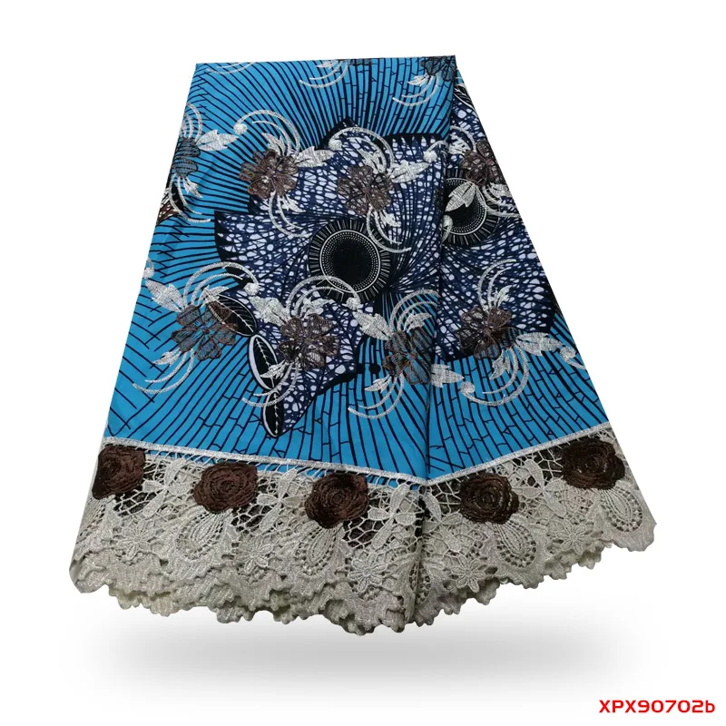 

High class embroidery wax fabric with Blue embroidery flower cord mesh lace textile for dress WL190702
