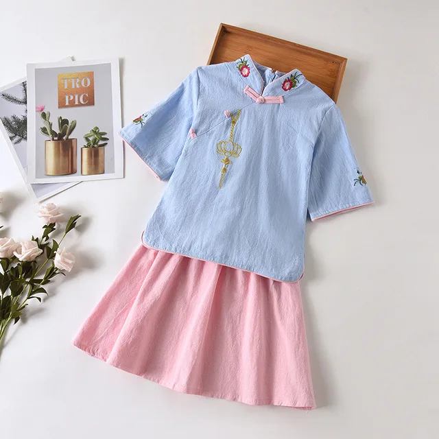 Style 15 Комплект из двух предметов для девочек из хлопка и льна с цветочной вышивкой; Традиционное китайское платье в стиле ретро; Летние повседневные платья; детское платье для выступлений - Цвет: Style 15
