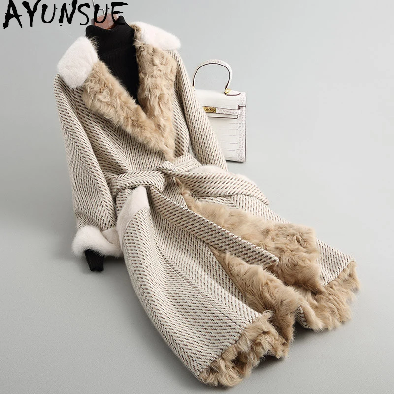 AYUNSUE, женское меховое пальто, длинное, из твида, шерсть, зимняя куртка для женщин, натуральный мех норки, Воротник из натурального меха ягненка, пальто 68214