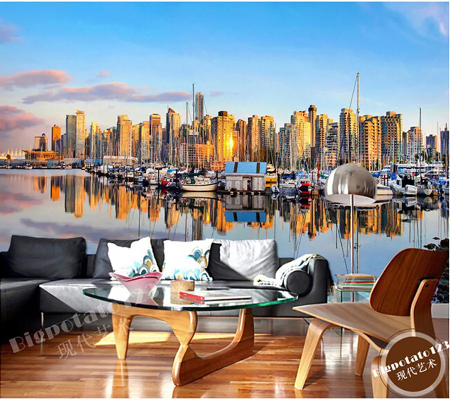 

The latest 3D murals, beautiful blue sky horizon building ship lake, the living room bedroom sofa TV backdrop wallpaper