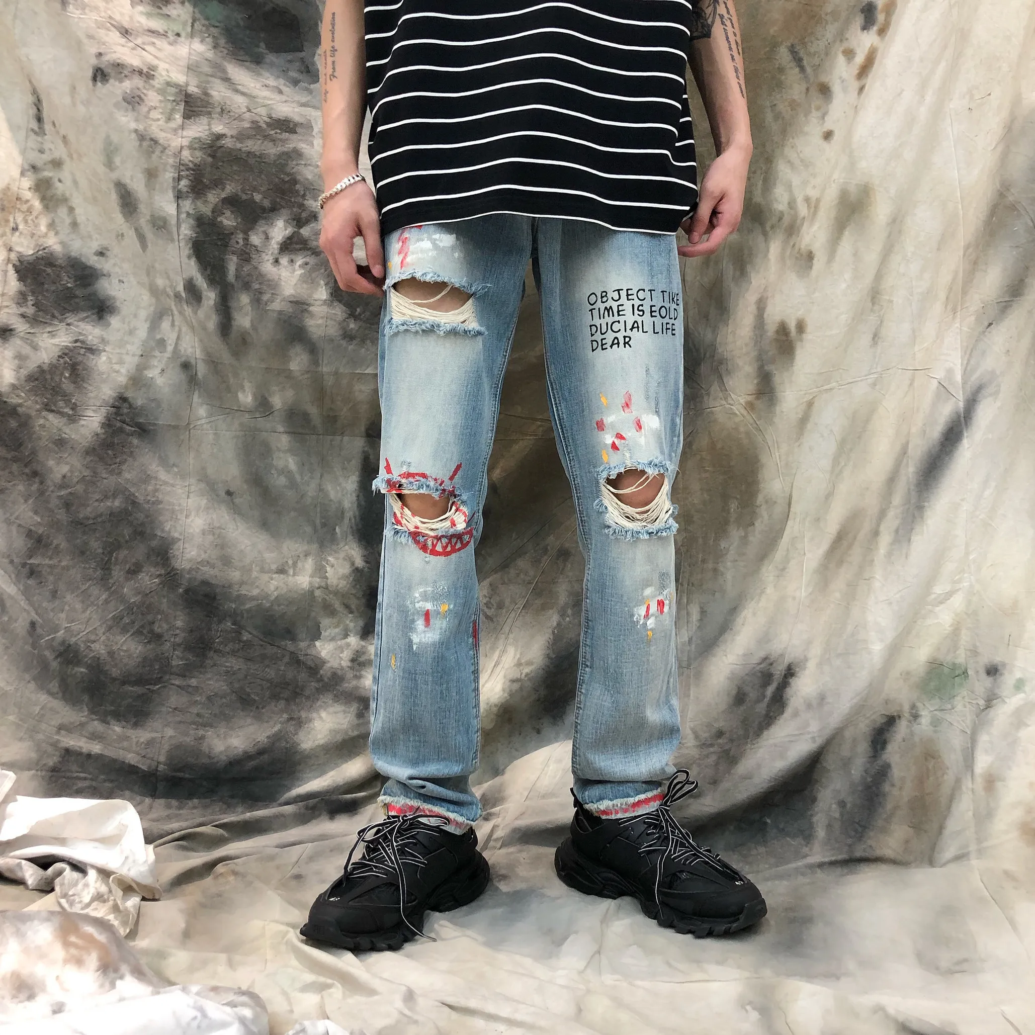 S XXL! Оригинальный дизайн/свободные рваные джинсы в стиле хип хоп с принтом