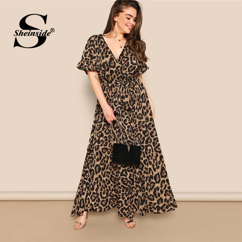 Sheinside, размера плюс, v-образный вырез, вечерние женские платья,, летние, с воланом, рукава макси, платья для девушек, высокая талия, с поясом, ТРАПЕЦИЕВИДНОЕ ПЛАТЬЕ