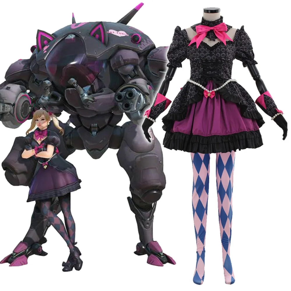 Женский костюм для косплея OW D. VA DVA Hana Song готическое платье в стиле Лолиты с черным