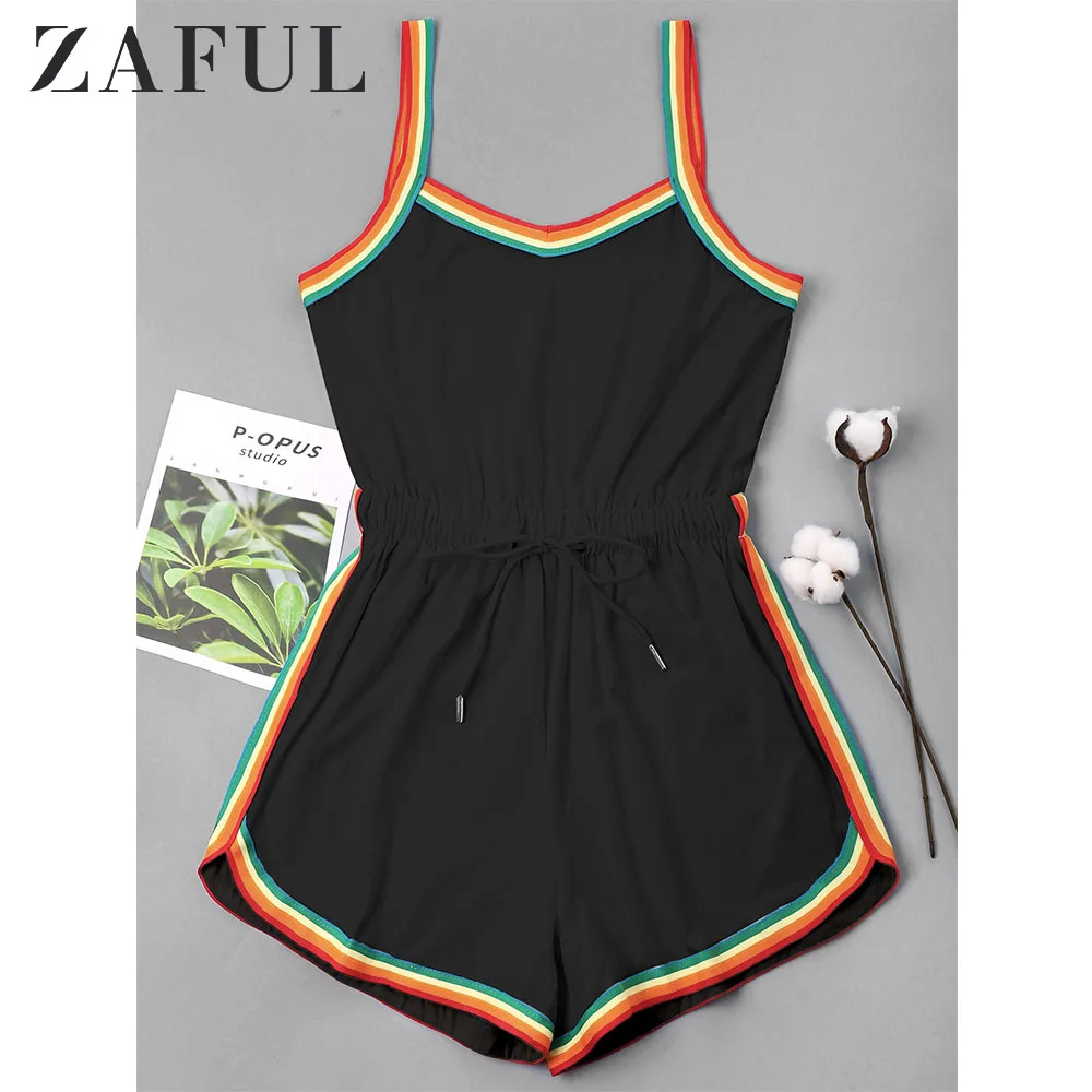 ZAFUL Радужная Отделка Drawstring Ками Romper Без Рукавов Тонкий Ремень Женщины Этнические