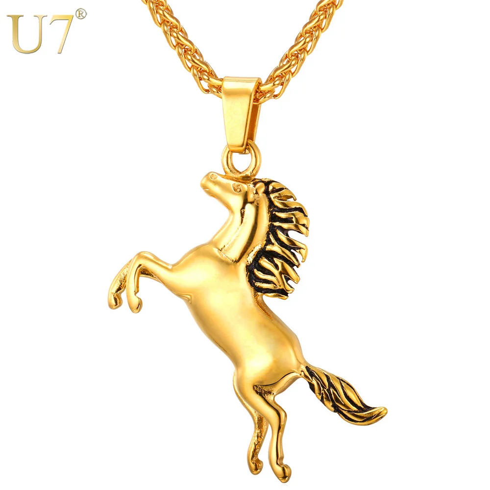 

U7 Horse Necklaces & Pendants For Men/Women Hip Hop Jewelry Gold Color Stainless Steel Chain Animal Charm Necklace Sale P753