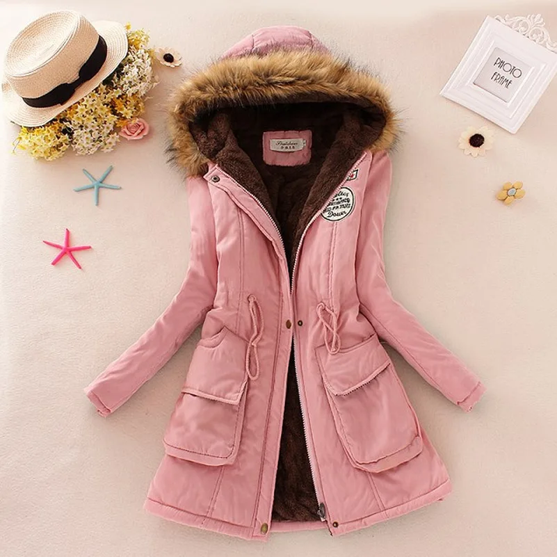 Light Pink QIUXUAN, Женская парка, модная, Осень-зима, теплые куртки, женские пальто с меховым воротником, Длинные парки, худи, для офиса, леди, хлопок, размера плюс - Цвет: Light Pink