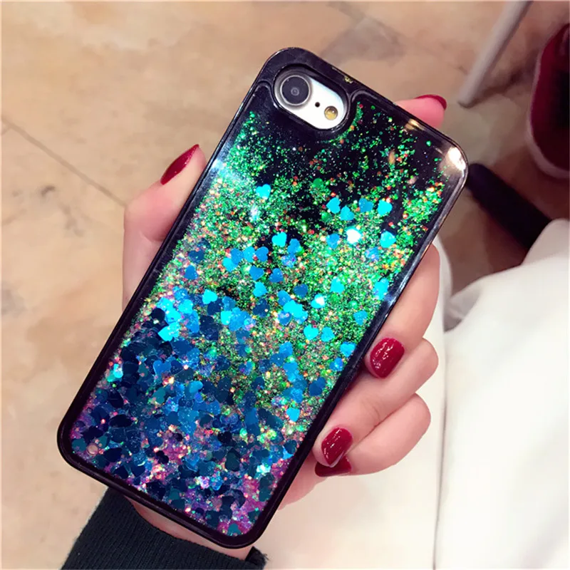 For iPhone 6 6S 7 8 Plus Case Glitter Bling Liquid Love Heart Quicksand Black for X XR XS MAX Soft Silicon |