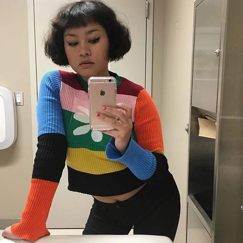 Vintage Sweaters Women 2018 New Fashion Rainbow Striped Fitness Autumn Winter Tops Harajuku Girls Flare Sleeve Jumper Femme | Женская