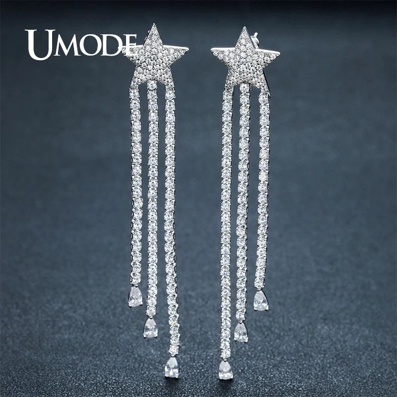 Серьги UMODE с фианитами женские длинные висячие серьги-кисточки подвесками в виде