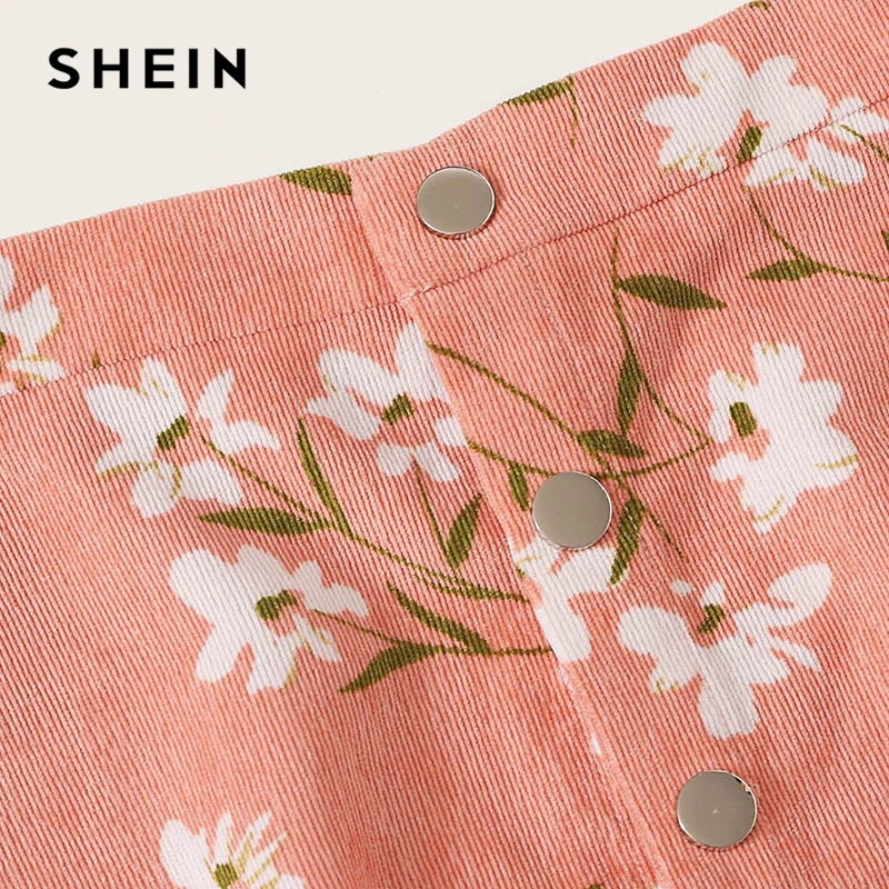 SHEIN юбка с цветочным принтом и пуговицами спереди, Boho, трапециевидная Осенняя Бархатная мини-юбка средней посадки, розовая женская простая короткая юбка