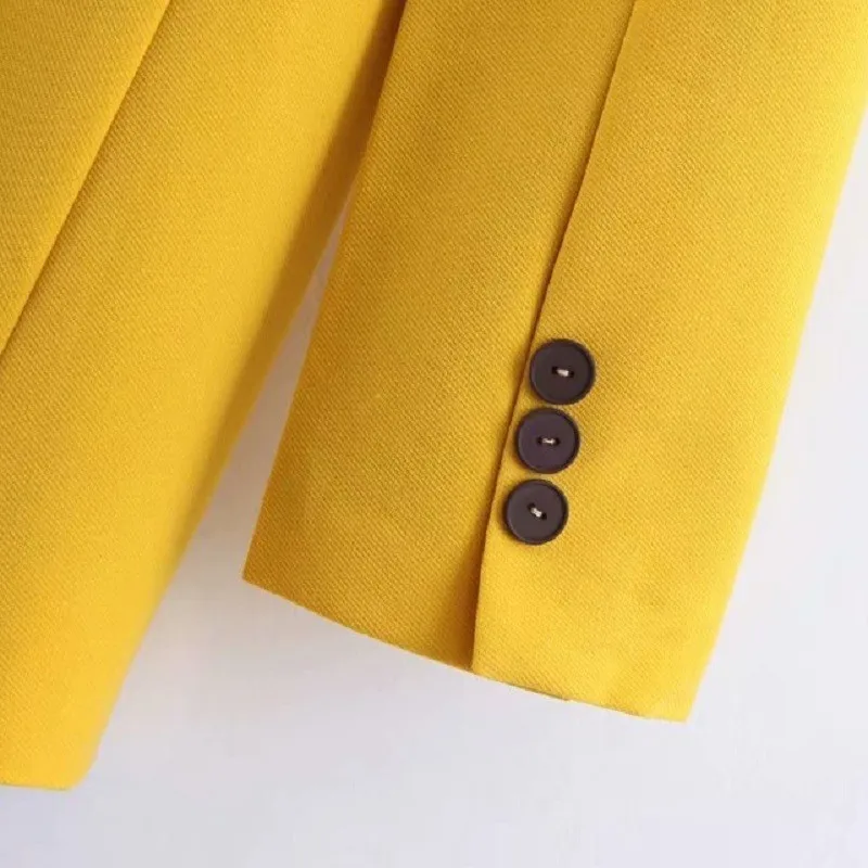 Женский двубортный Блейзер элегантный желтый пиджак с длинным рукавом офисная