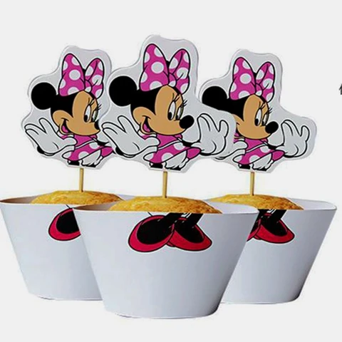white Minnie 24 шт. = 12 комплектов в партии милые обертки с рисунком в стиле аниме для кексов, Детские аксессуары для дня рождения, украшения свадебного торта - Цвет: white Minnie
