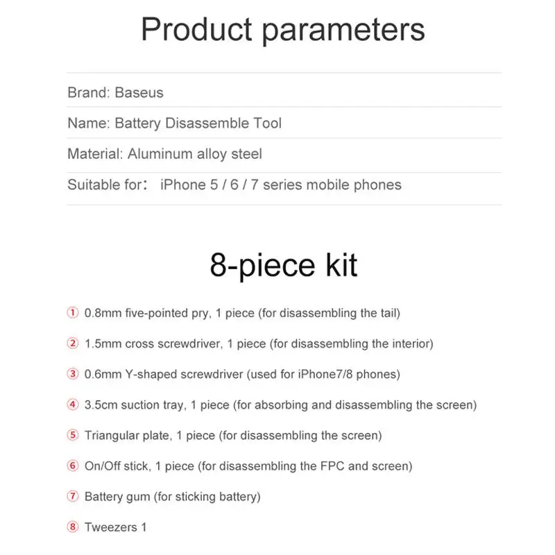 Baseus 8 в 1 Батарея Ремонтный комплект инструментов для iPhone 8 7 6 5 мобильного телефона Батарея Замена Ремонт инструмента набор для iPhone 8 7 6 Plus