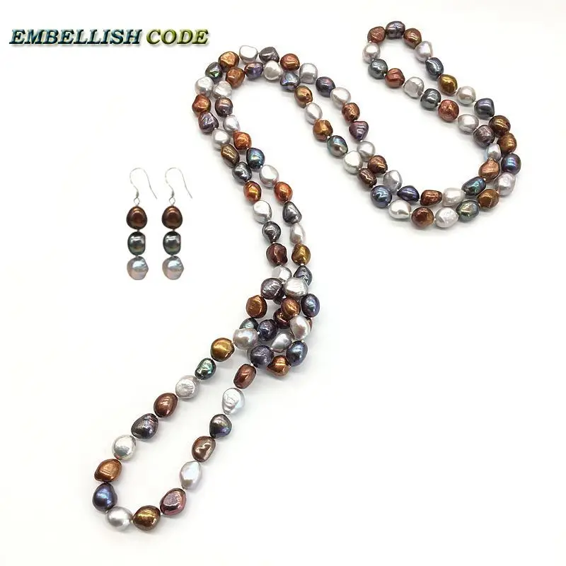 

wonderful baroque real pearls statement necklace hook earring set peacock coffee gray fine jewelry 120cm triple twisted for lady