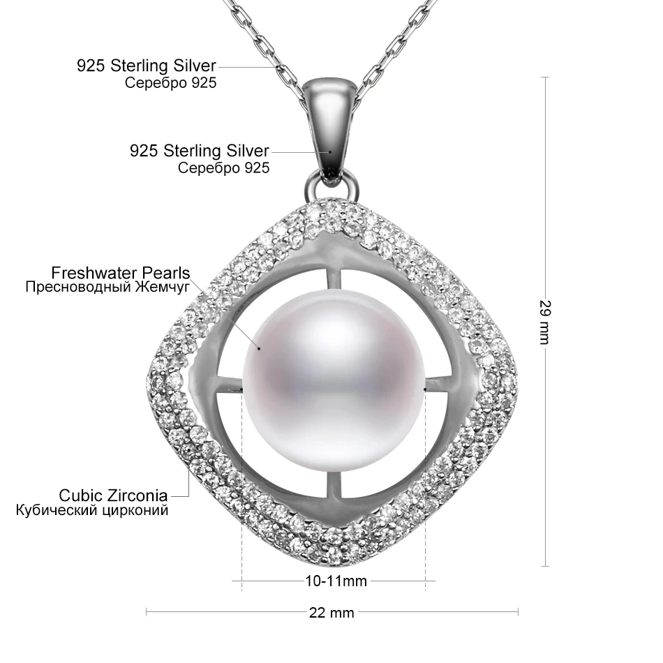 

FEIGE Genuine 925 Sterling Silver Inlay Cubic Zirconia Pendant Necklaces for Women 10-11MM White Freshwater Pearl Necklace Gift