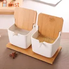 Кухонный керамический контейнер для соли, банки для перца с крышкой, ложка фарфоровая шкатулка, Бамбуковая крышка, полка для приправ