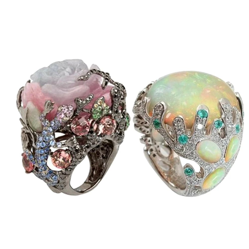 Hot Women Multicolor Big Oval Faux Moonstone Carved Flowers Finger Ring Jewelry Gift | Украшения и аксессуары