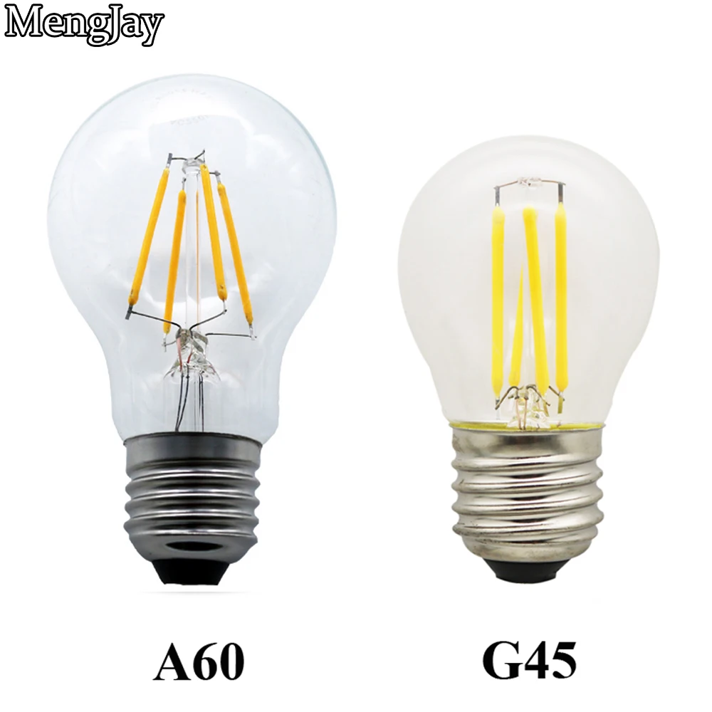

MengJay теплый/холодный белый Светодиодный BulbG45 A60 AC 220V прозрачный Стекло нити светильник в стиле ретро лампы E27 2W 4W 6W 8W Винтаж Эдисон лампы
