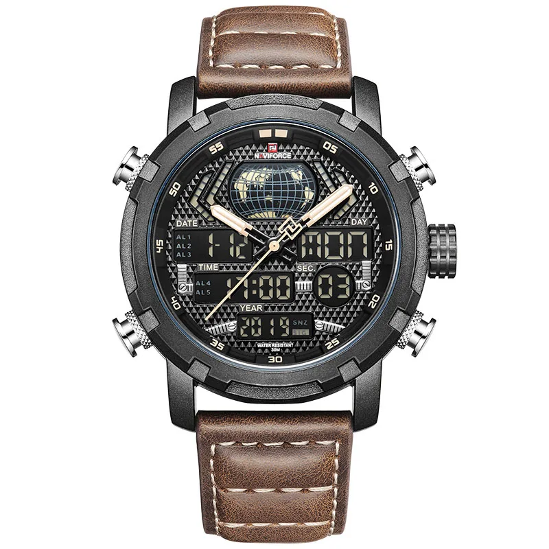 Black Yellow NAVIFORCE, мужские часы, люксовый бренд, военные спортивные часы, мужские, светодиодный, кварцевые, цифровые часы, кожа, армейские, водонепроницаемые, мужские часы - Цвет: Black Yellow