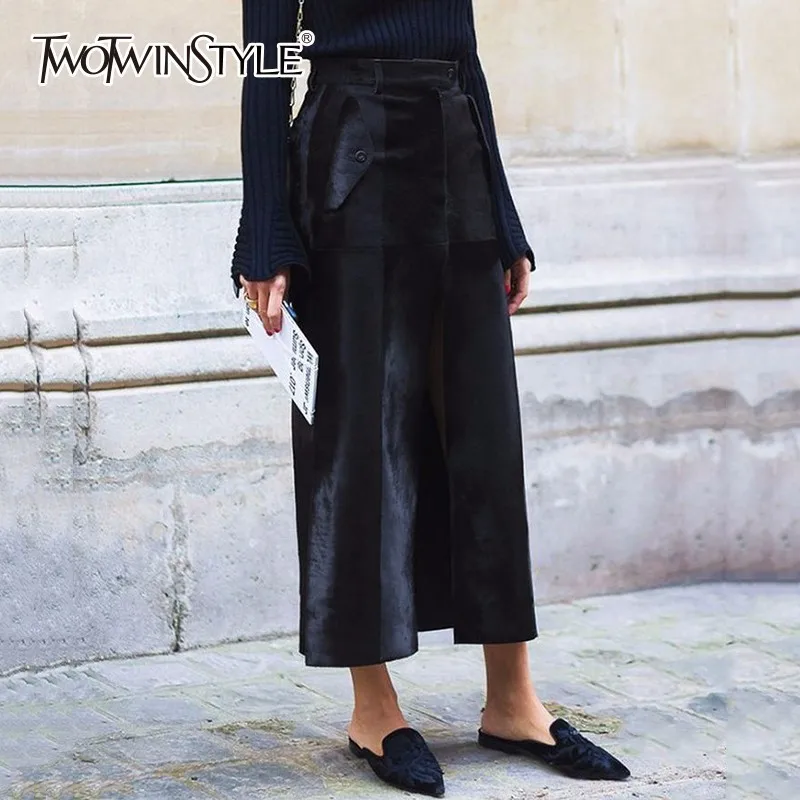 TWOTWINSTYLE Suede Skirt Female Split High Waist Patchwork Pocket A Line Midi Long Skirts 2019 Spring Fashion Large Size Clothes | Женская