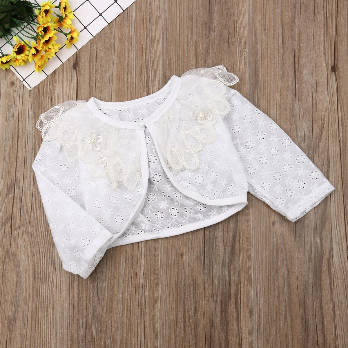 2019 New Girls Long Sleeve Kids Lace Bolero Shrug Pearls Button Wedding Cardigan Princess Flower Collar Party Coat 1-6 Y | Детская