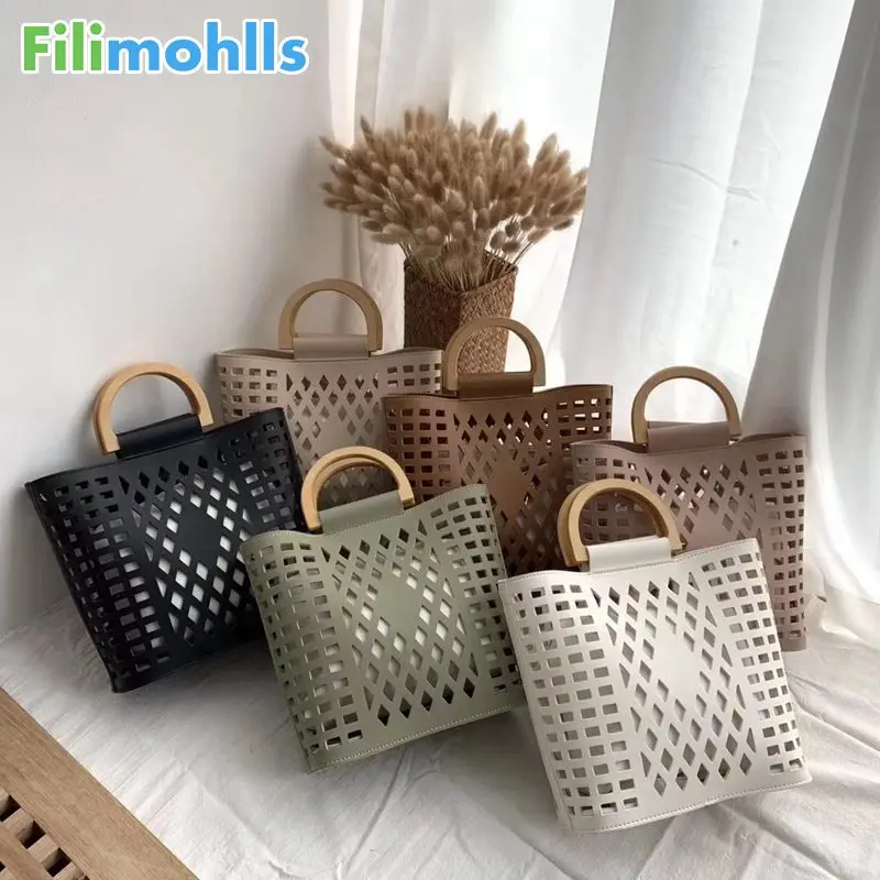 Women Bags Handbags 2019 Famous Brands Hollow Out Beach Bag Bolsa Feminina Wood handle tote bags PU leather shoulder bag S1890 | Багаж и