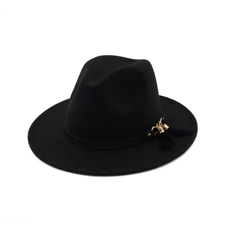 Черный Для женщин зима 11 Цвета Шерсть Шляпа Fedora панама Винтаж фетровая шляпа леди плоские края Джаз Кепки шляпа с поясом перо европейский США - Цвет: Черный