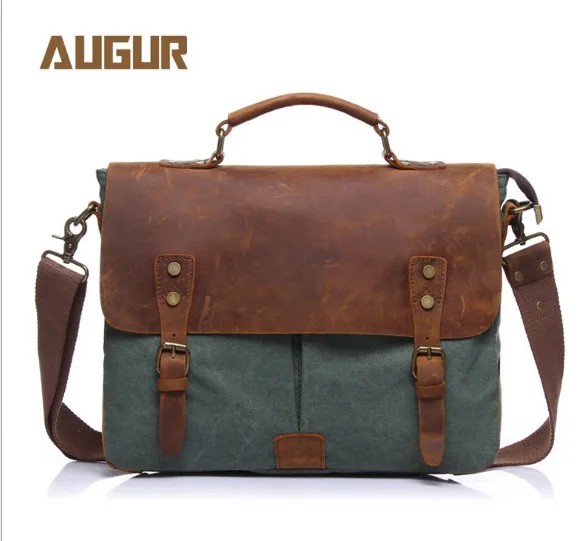 Vintage casual men's portable briefcase canvas postman bag Messenger with crazy horse leather 14 Inch Laptop Bag Cross Body |