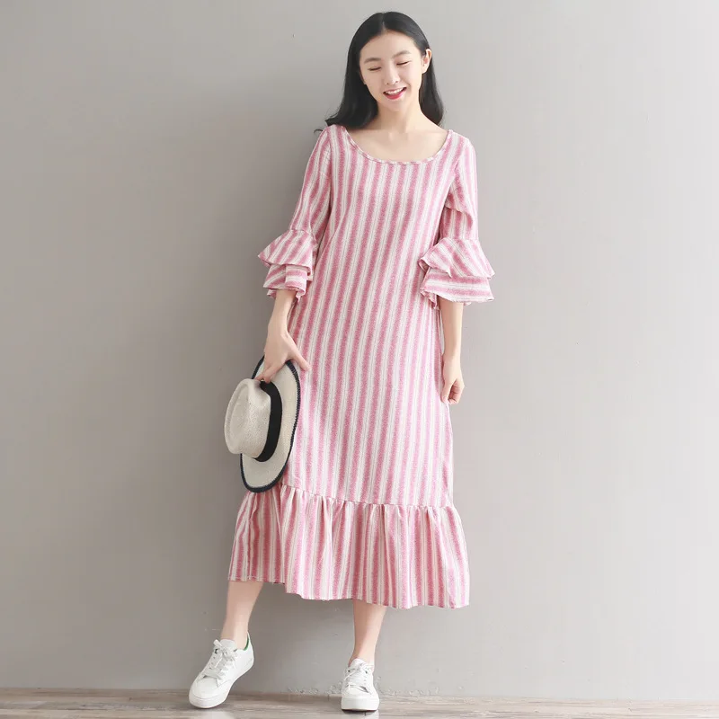 Vestidos Mujer весенне-летнее платье хлопковое льняное для девочки в полоску с рукавом