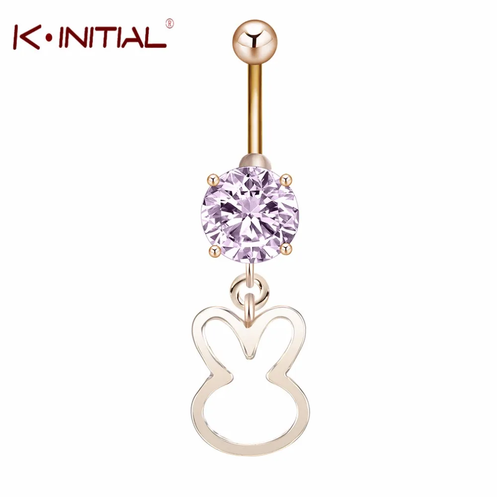 

Kinitial Zircon Belly Navel Ring Bar Body Piercing Pink Crystal Button Rings Jewelry Animal Rabbit Bunny Shape Pendant Bijoux