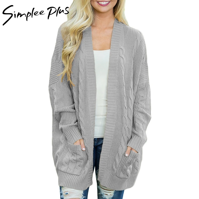 Simplee Plus Cardigans Women Size Long Cardigan Female 2018 Autumn Sleeve Solid Sweater Pockets Knitted Tops XXL XXXL |