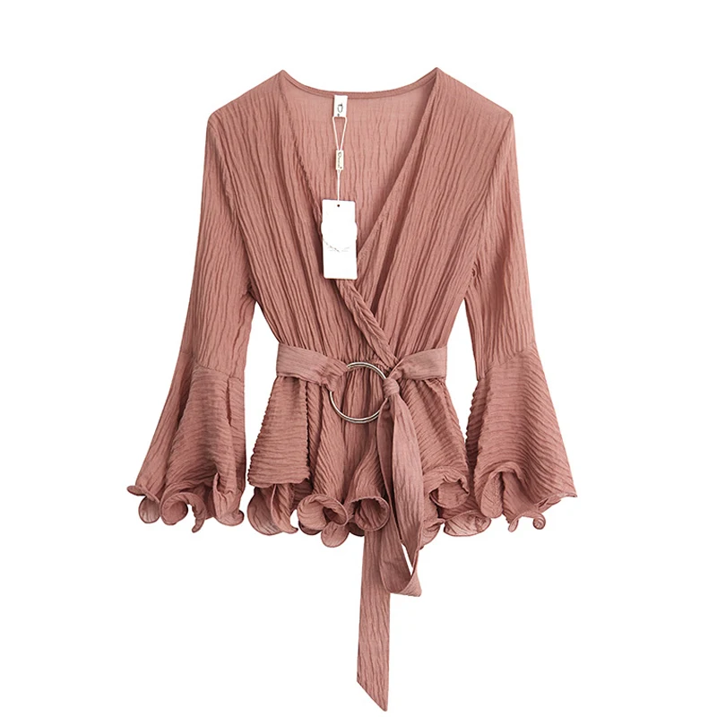 

PERHAPS U V Neck Solid Pink Sash Long Sleeve Flare Sleeve Blouse Top B0198