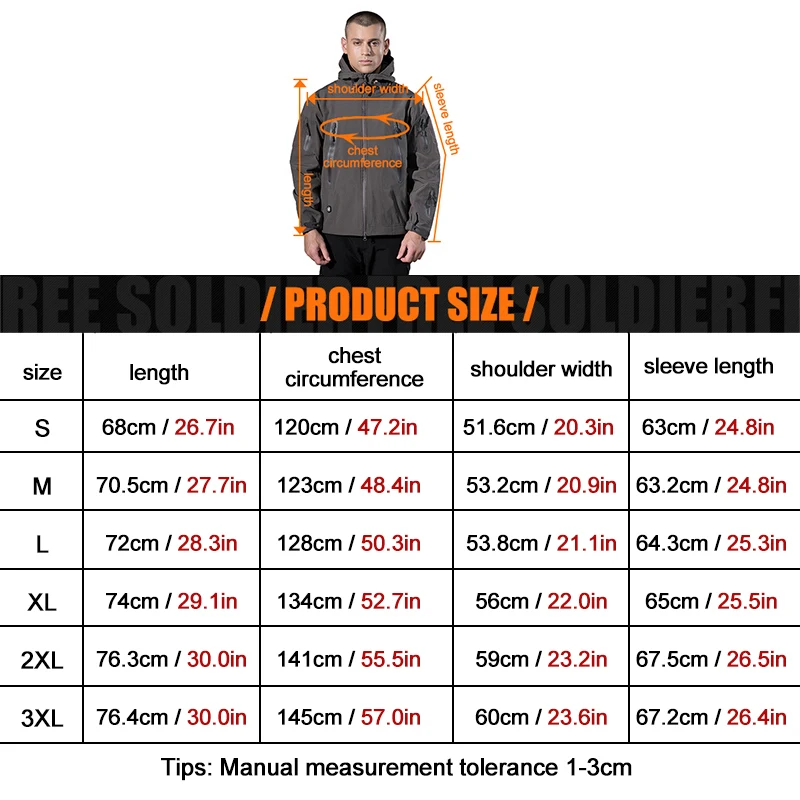 FREE SOLDIER outdoor camping men's soft shell jacket instant waterproof windproof coat thermal outwear clothing large US size