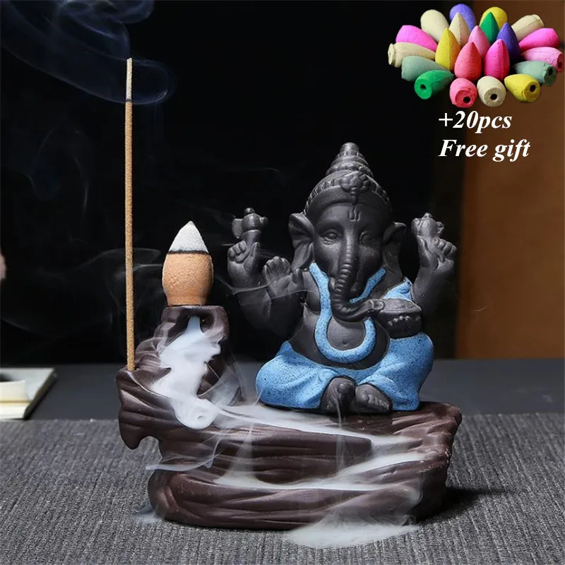 A Blue-20pcs Mixed Ganesha курильница для благовоний горелка Бог слон благоприятный и символ успеха водопад курильница домашний декор+ 20 шт Бесплатные конусы - Цвет: A Blue-20pcs Mixed